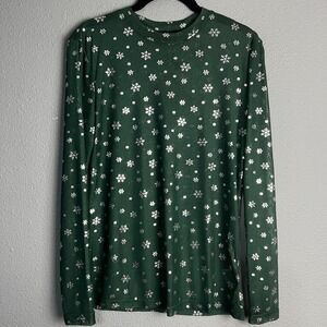 Merigold Kiss Sheer Mesh Top Silver Snowflake Holiday Long SL Shirt Green Size M